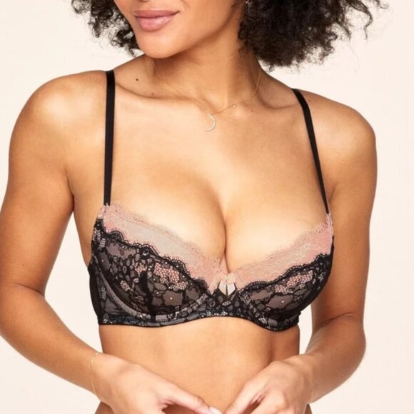 Adore Me Lingerie Lace Black Pink Balconette Bow 36DDD Emanuelly Push Up Bra - Picture 2 of 6